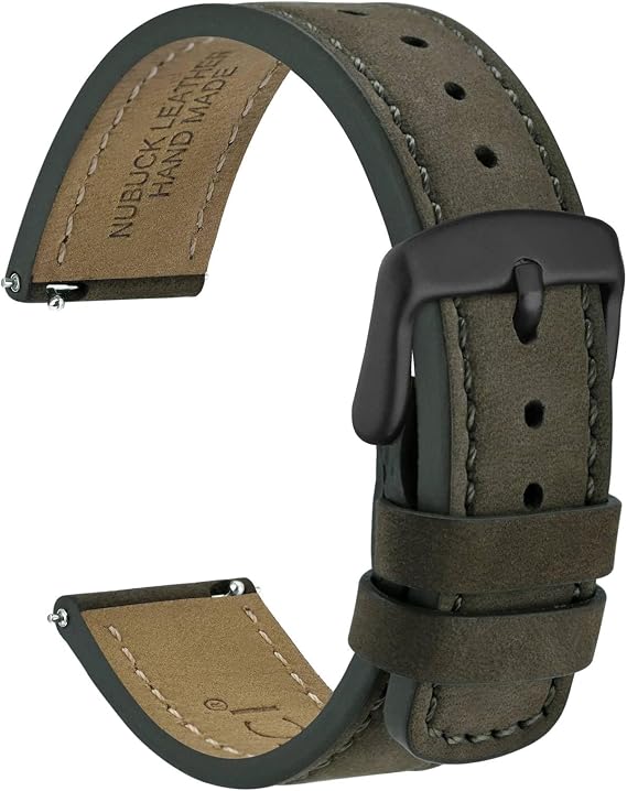 WOCCI Retro Watch Band, Nubuck Leather, Quick Release, 20mm, Black