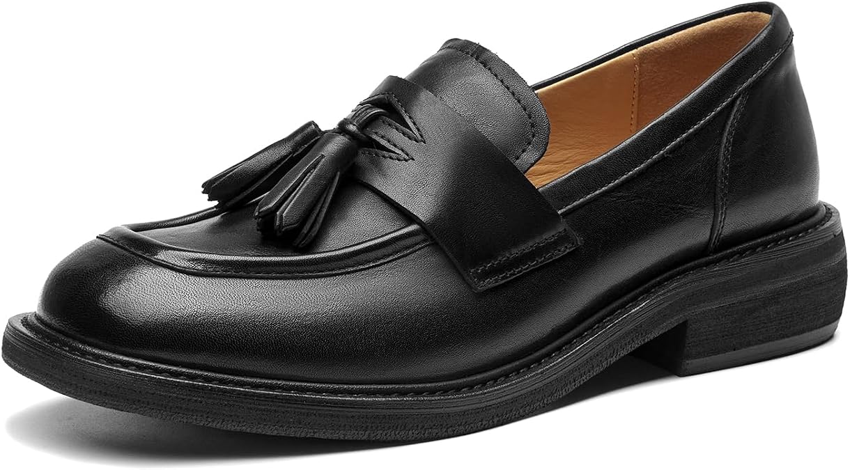 BEAU TODAY Penny Loafers for Women, Womens Slip On Leather Loafers, Chunky Tassel Loafers Square Toe Shoes, Comfortable Dressy Business Casual Non-Slip Office Ladies Shoes
