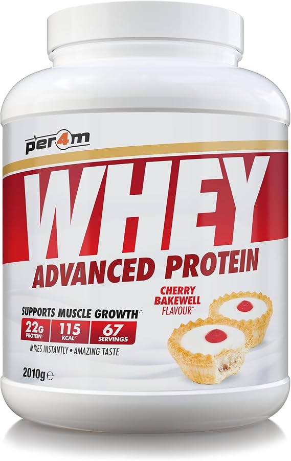 Per4m Whey Protein Powder | High Protein Shake for Muscle Growth & Recovery | Low Sugar Gym Supplement | Sports Nutrition Drink + Amino Acids (2010g, Cherry Bakewell)