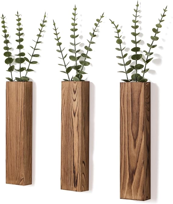 3 Pack Wooden Wall Planters with Fake Eucalyptus Stems, Modern Farmhouse Wood Vases Wall Decor for Living Room, Bedroom, Bathroom, Indoor, Dark Brown