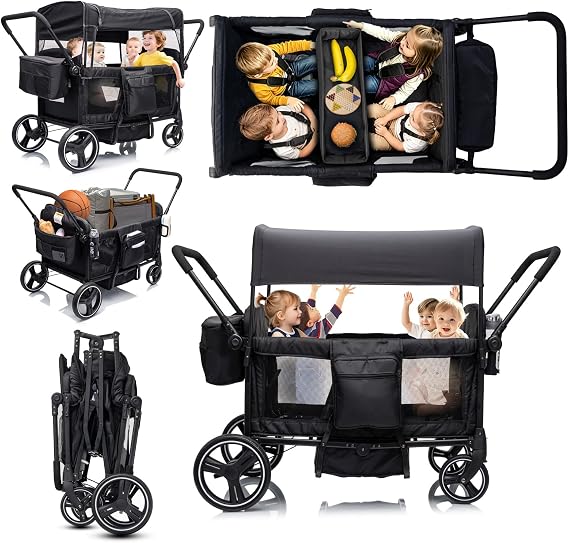 Wagon Stroller for 4 Kids, Luxury 4 Seater All-Terrain Baby Tandem
