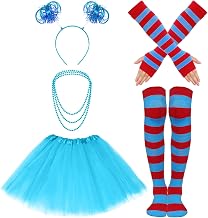7pcs Blue Tulle Costume Set for Women Costume Accessory Set with Tulle Skirt Striped Socks Stretchy Gloves Ponytail Headband Beads Necklaces for Cosplay Themed Party Red Blue