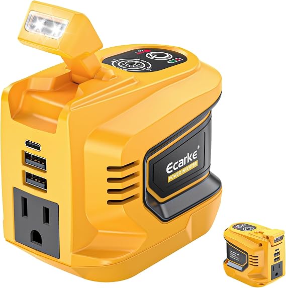 Ecarke 220W Portable Power Inverter Compatible with DeWALT 20V Battery (Tool Only), DC 20V to AC 110V Power Station with 1 AC Outlet, 2 USB-A, 1 Type-C & LED Light for Camping Outdoor Emergency