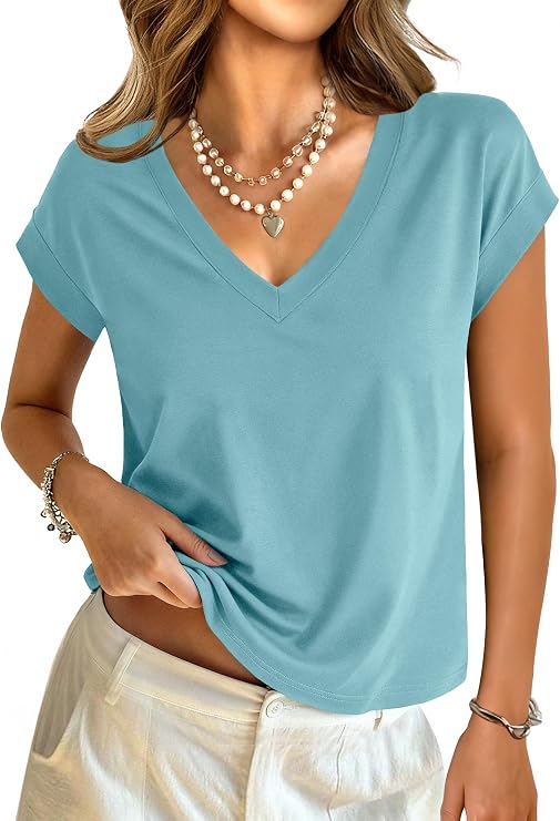 GKBK Womens Cotton Tops Cap Short Sleeve Crop V Neck T Shirts Boxy Casual Basic Spring Summer Tee
