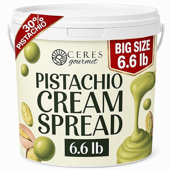 Ceres Gourmet Pistachio Cream 6.6 lb, Dubai Chocolate Bar Pistachio Filling, Smooth Paste, and Butter for Professional Desserts, Pastry, Gourmet Recipes, and Dubai Chocolate Filling