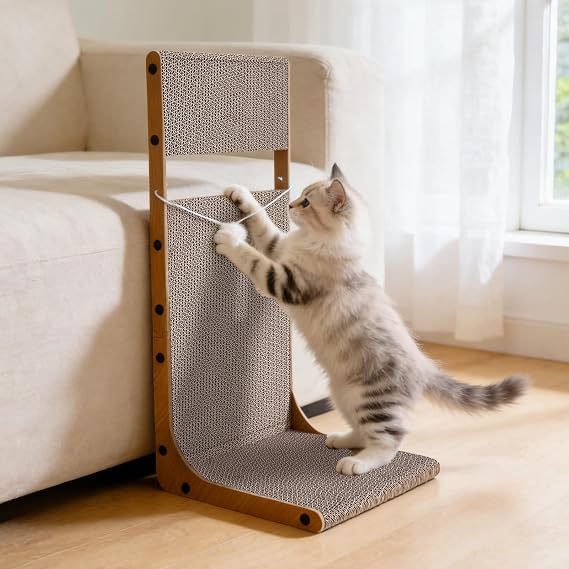 L Shaped Cat Scratcher, 64CM Vertical Cat Scratching Pad with Interactive Ball Toy, Durable Corrugated Cardboard Cat Scratcher Board for Indoor Cats, Furniture Protection