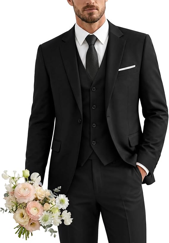 YND Men's 3 Piece Suit with Tie, One Button Solid Jacket Vest and Pants