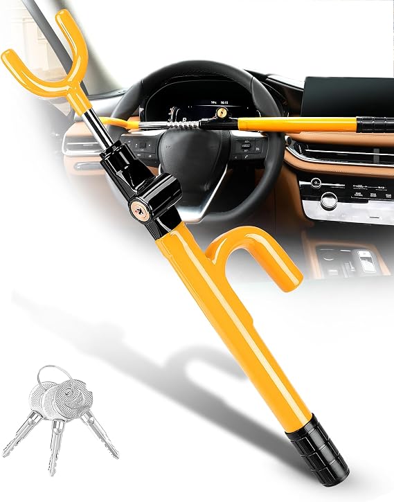 Tevlaphee Steering Wheel Lock, Car Security Lock, Heavy Duty Anti-Theft Device, High Visibility, Universal Fit for Cars, SUVs & Vans, Adjustable, Solid Steel Core, 3 Keys(Yellow)