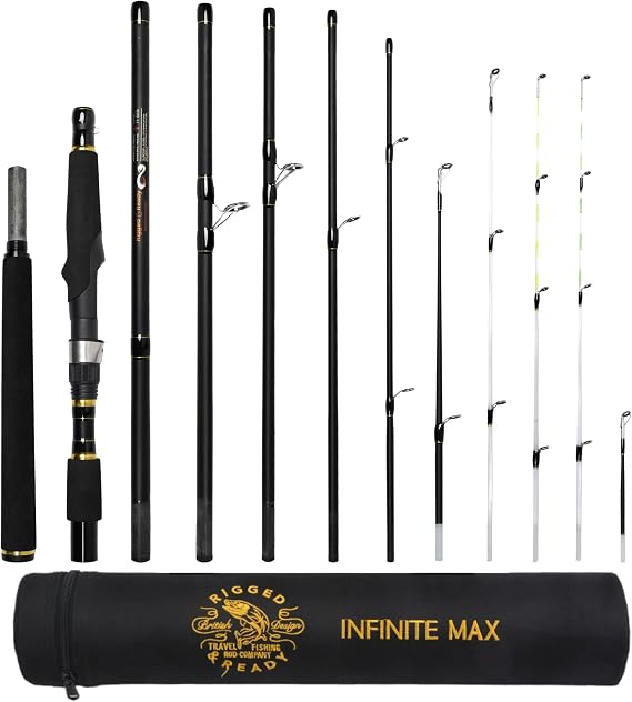 Rigged and Ready Infinite Max Spinning-Baitcast Travel Fishing Rod. 10-in-1 Combination Rod. Powerful Compact Spin-Cast Fish Pole