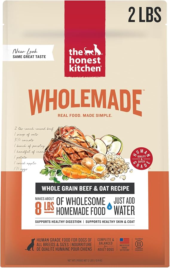 The Honest Kitchen Wholemade Whole Grain Beef Recipe, Human Grade Dehydrated Dog Food, Just Add Water, Supports Healthy Digestion, Skin & Coat, Topper for Dry or Wet Dog Food, 2 lb Box Makes 8 lbs
