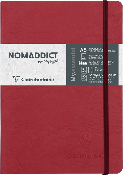Clairefontaine 793432C Collection Age Bag One Stitched My.Essential Embroidered Elastic Notebook Red - A5 14,8x21 cm - 192 DOT Numbered Pages - 90 g Ivory Paper - Glossy Leather Grain Cover Card