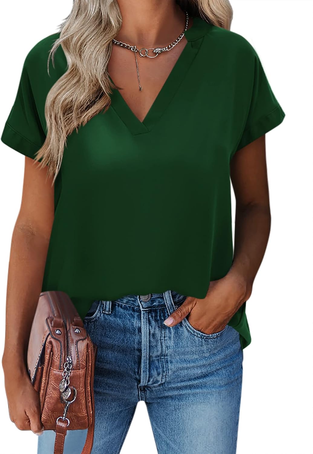 SUNAELIA Women Chiffon Blouses Summer Notch V Neck Short Sleeve Casual Tops Shirts for Work Irregular Hem Casual Loose Tunic