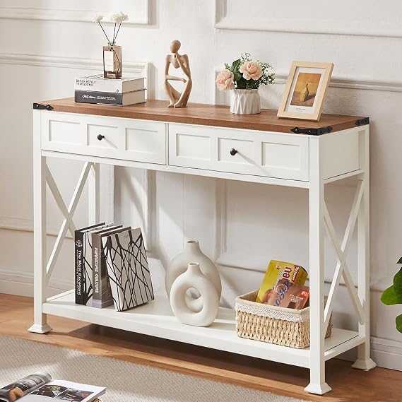 Hombazzer Console Table with 2 Drawers,47" Industrial Entryway Table,White