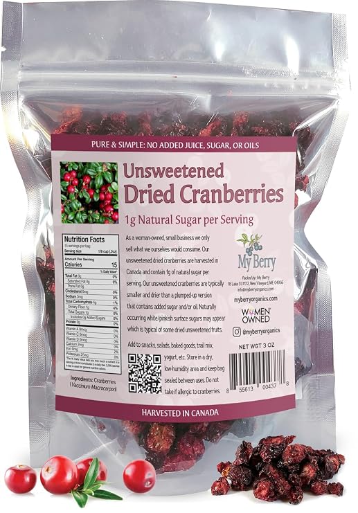 Unsweetened Dried Cranberries by My Berry | 3oz | Naturally Tart: 1g Natural Sugar Per Serving | Non-GMO | No Added Sugar, Juice or Oils | More Berries Per Ounce Than Sweetened Berries | Canadian Grown | Woman-Owned Small Company