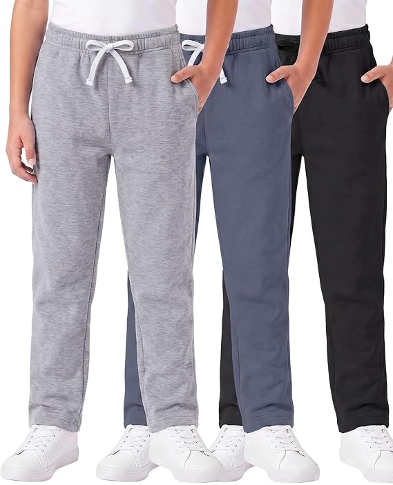 3 Pack Boys' Fleece Sweatpants Open Bottom Athletic Pockets Kids Teen