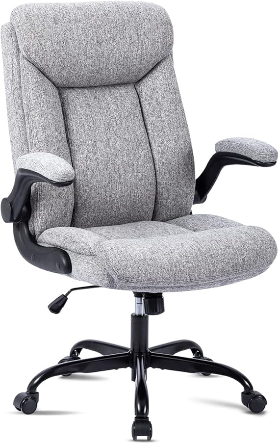 MZLEE Fabric Office Chair for Home Office, Ergonomic Heavy Duty Desk Chair with Flip-up Arms & Lumbar Support, Comfortable Padded Swivel Computer Chair for Bedroom Study, 150KG Capacity, Grey