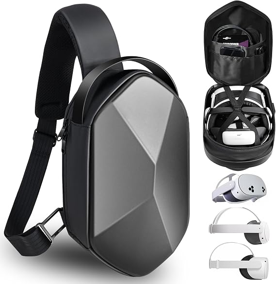 SARLAR Travel Carrying Case for Oculus Meta Quest 3S/Quest 3/Quest 2 VR Headset and Controller Accessories, Large Space Hard Case Fits BOBOVR/Kiwi Design Battery Head Strap, Crossbody Sling Bag
