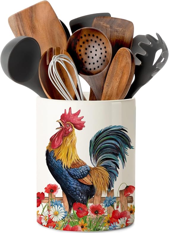 pinata Rooster Chicken Farmhouse Kitchen Decor Ceramic Utensil Holder | Rooster Accessories, Chicken Kitchen Decor, Utensil Crocks, Farmhouse, 6.3 inch, Housewarming Decoration, Spoon Rest