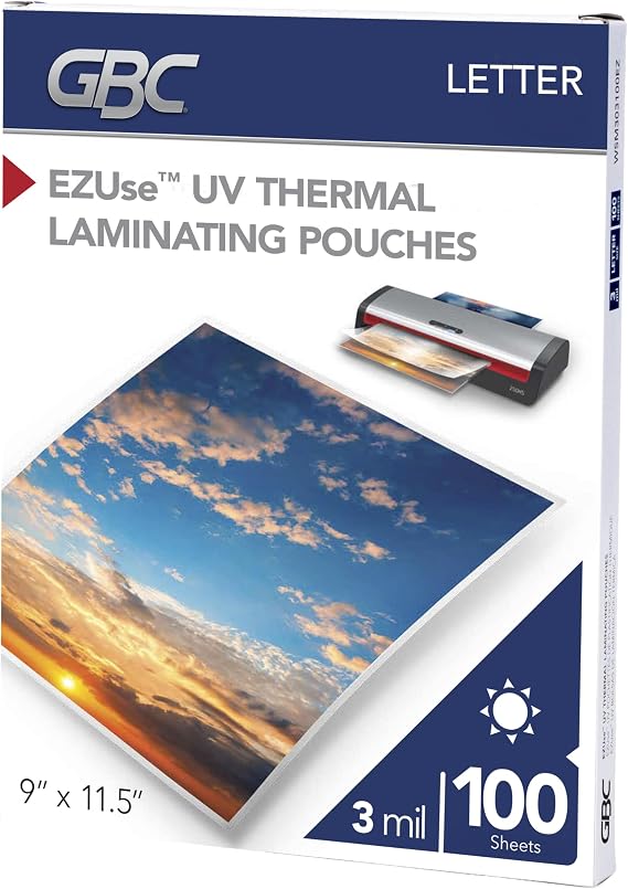 GBC Laminating Sheets, Thermal Laminator Pouches, 3 Mil, Fits Letter Size Paper 9 x 11.5 Inch, EZUse UV, 100 Count (WSM303100EZ)