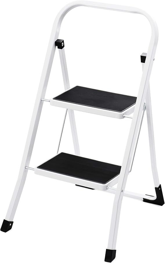 2-Step Ladder Stool with Handle Grip | Anti-Slip Rubber Feet | Wide Pedal | Lightweight & Sturdy Metal Step Stool for Home and Garage - 300 lbs. Capacity (Steel)
