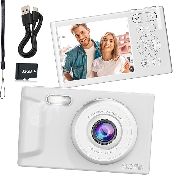 Digital Camera, FHD Camera with 32GB Card, Lanyard, 16X Zoom Anti Shake, 48MP Compact Portable Small Point Shoot Camera Gift for Student Children Teen（5K-White-32GB）