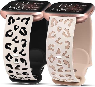 Minyee 2 Packs Leopard Engraved Band Compatible with Fitbit Versa 2Fitbit VersaVersa Lite Bands Women, Two-Tone Cheetah Soft Silicone Sport Designer Cute Fancy Summer Strap for Versa 2 Smart Watch