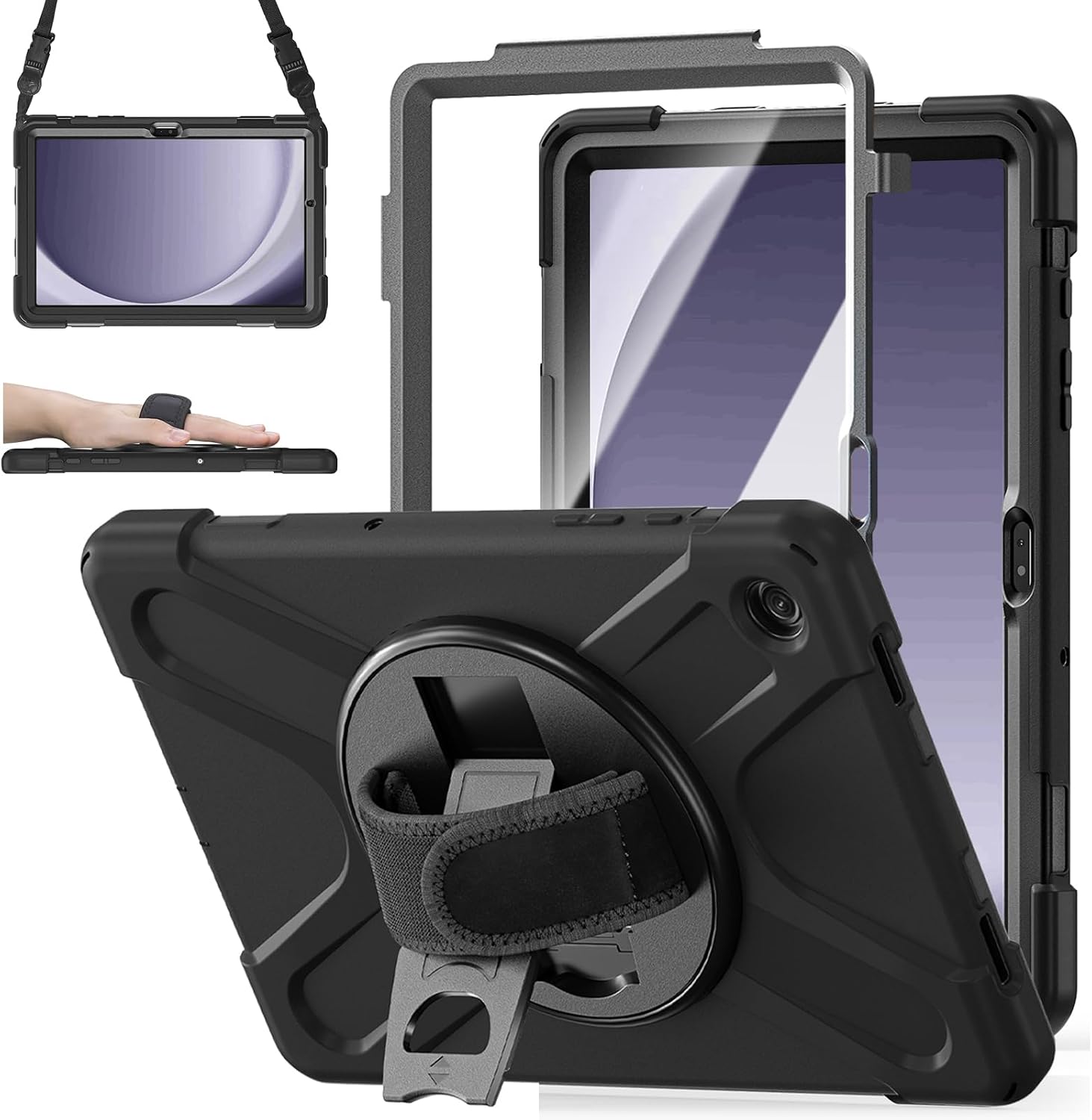 ZenRich Rugged Case for Samsung Galaxy Tab A9+/A9 Plus 11 Built-in Screen Protector Heavy Duty Full-Body Shockproof Case w/ 360Rotating Stand, Hand/Shoulder Strap,Pencil Holder
