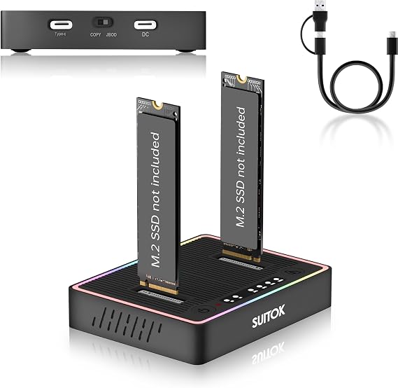 Dual-Bay M.2 SSD Cloner Docking Station 20Gbps Offline Duplicator | Tool-Free NVMe SATA Enclosure Reader Expanding 16TB Storage Capacity Securing Data Backups For Creators Engineers Upgrades