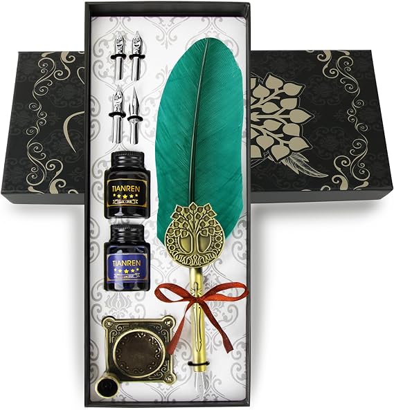 TIANREN Quill pen ink set,Feather Pen and Ink Set,Antique Calligraphy Pen with 4 Replaceable Nibs,2 Bottle of ink,Feather Dip Pen Holder Christmas Gift for Men&Women.(Green)