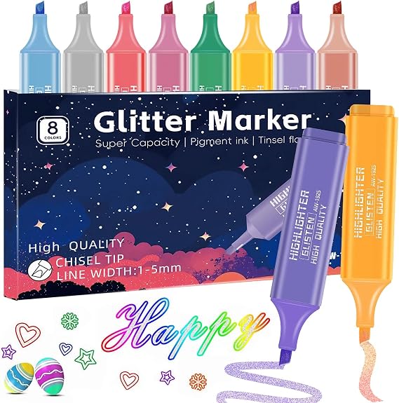 8pcs Metallic Glitter Highlighters Set, Premium Shimmer Bible Journaling Pens, Aesthetic Study Highlighters for Note Taking, School Supplies, Office Planning & Creative Projects