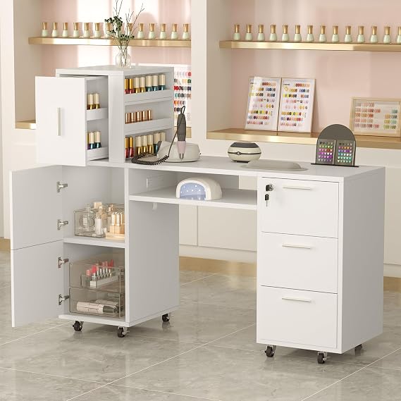 Mobile Manicure Table Nail Salon Desk with Storage Cabinet, 55.1" Rolling Nail Tech Workstation with Drawers & Nail Polish Rack for Beauty Salon Station Home Nail Tech