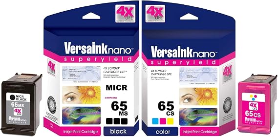 VersaInk-nano HP 65 MS MICR Black Ink Cartridge for Check Printing & VersaInk-Nano 65 CS Tri-Color Ink Cartridge Combo Pack