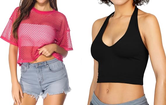 See Through Fishnet T-Shirt Crop Top & V Neck Cropped Tank Tops Halter Tops (Small Size)