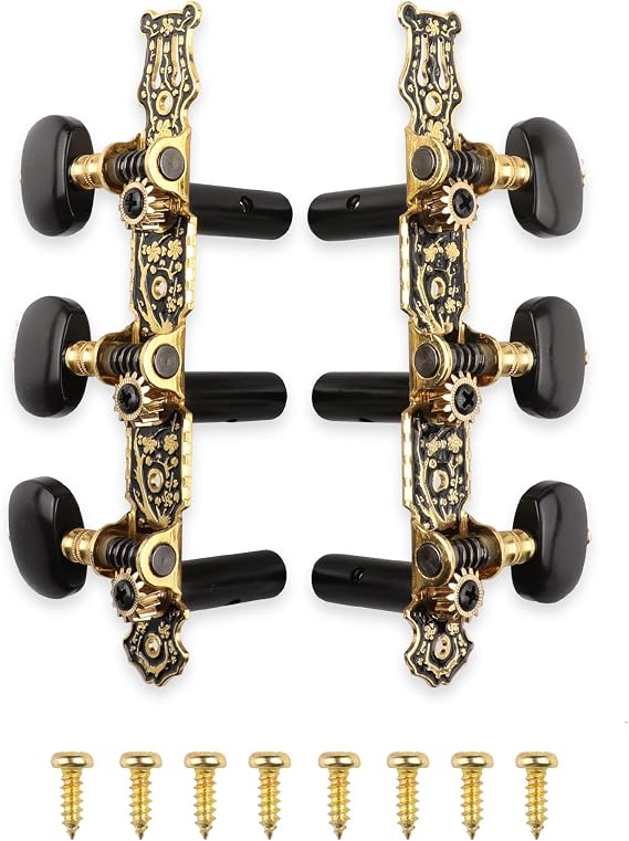 Classical Guitar Machine Heads 3+3 Set String Pegs Long Black, Black Button