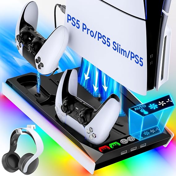 PS5/Slim/Pro Stand, Otomatik Ayarlanabilir 3 Seviyeli Soğutma Fanı, 9 RGB Işıklı PS5 Soğutma İstasyonu ve Çift Şarj Cihazı, Tüm PlayStation Konsolu için, PS5 Aksesuarları