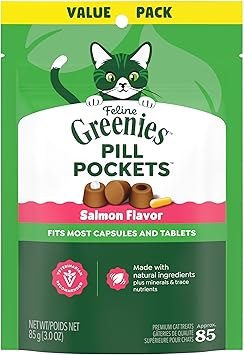 Greenies Feline Pill Pockets for Cats Natural Soft Cat Treats, Salmon Flavor, 3 oz. Pouch (85 Treats)