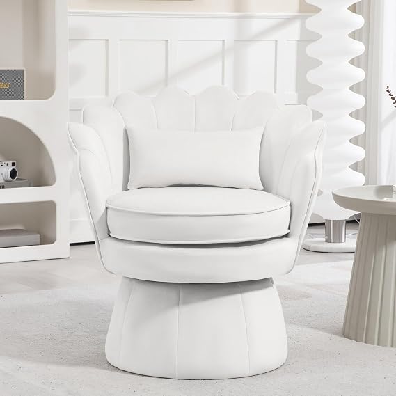 ZJhome 360 Swivel Accent Chair, Mid-Century Modern Velvet Barrel Chair, Comfy Shell Shape Arm Chair with Lumbar Pillow for Living Room, Bedroom, Office, White