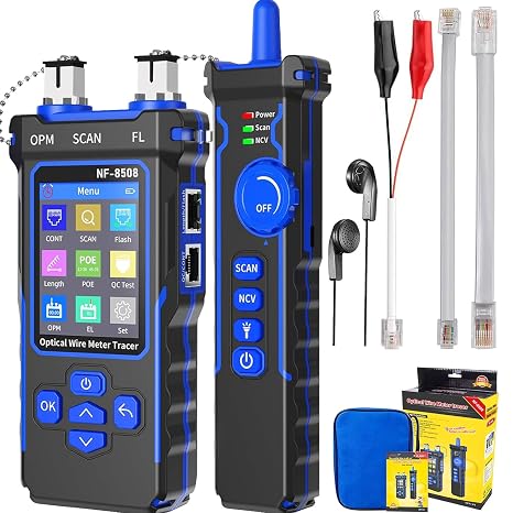 NOYAFA NF-8508 Network Cable Tester with 7 wavelength Optical Power Meter,RJ11 RJ45/PoE Tester/CAT5 CAT6/NCV,Network Tool with Lithium Battery