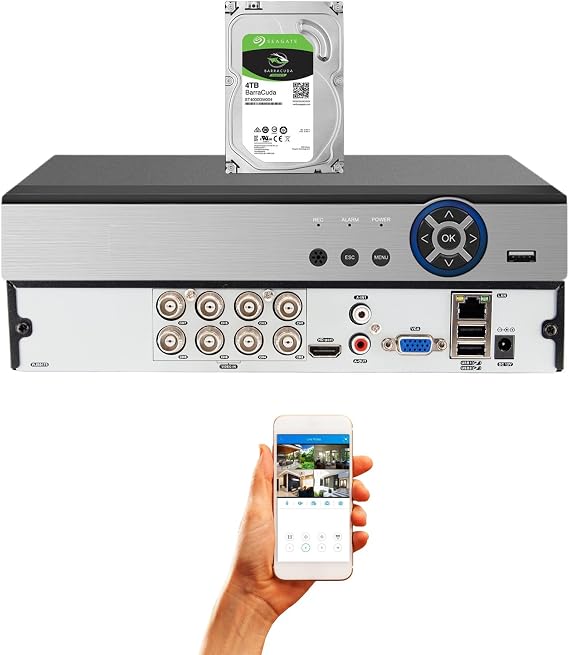 Evertech 8 Channel Security DVR Recorder H.265 Hybrid 4in1 AHD TVI CVI Analog CCTV Security Camera System for up to 2.4mp Camera Digital Video Recorder 4TB Hard Drive