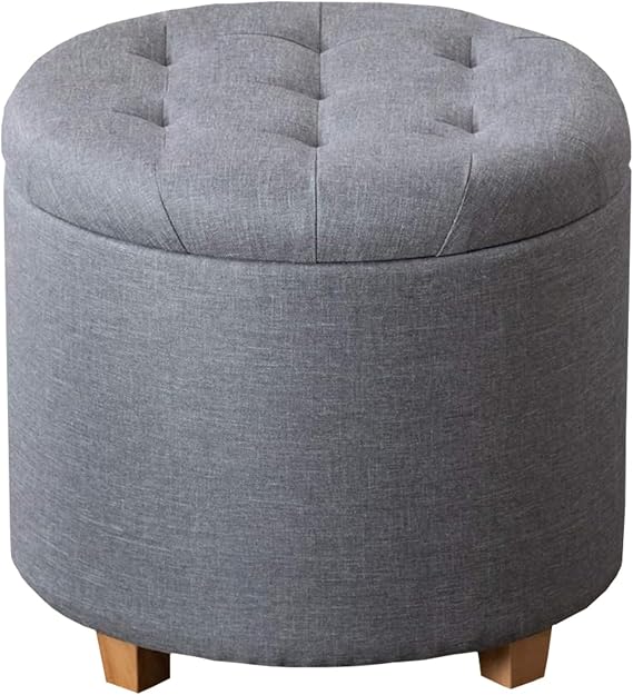 A406 Round Ottoman Linen Storage Box with Lids Pouffe Seat Stool Footstool Storage Unit Bench Foot Rest Stool Grey Black Navy (Round-Grey)