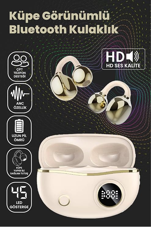 Klipsli Bluetooth Kulaklık Kablosuz ANC ENC Çift Mic. Led Gösterge Küpe Kulaklık - Bej
