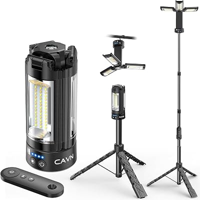 CAVN Rechargeable Camping Lights with Remote & Detachable Tripod Max Height 6.7 ft, Portable Work Light with 3 LED Lamp Heads, Camping Essentials Gear Emergency Flashlight with Hook, Black