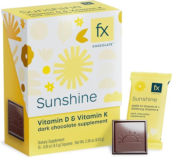 Fx Chocolate Sunshine - Vitamin D Sugar Free Chocolate for Mood, Immune & Bone Support - 2000 IU D3 with Vitamin K, Keto (Box of 15)