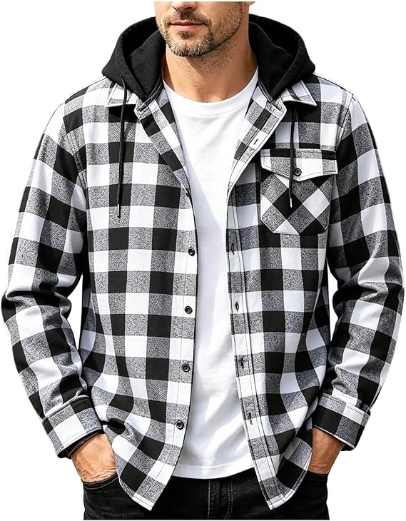 Flannel Shirt for Men Casual Long Sleeve Button Down Plaid Shirts Jackets Loose Drawstring Hooded Tops with Pocket