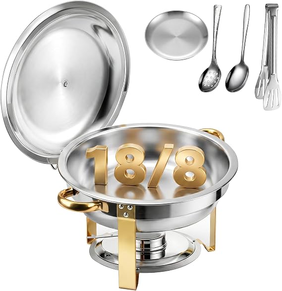 Chafing Dishes for Buffet with Lid & Lid Holder, 6QT Round Stainless Steel Chafing Dish Set, Heating and Cooling Buffet for Home Parties, Christmas Gatherings, Catering Events (1)