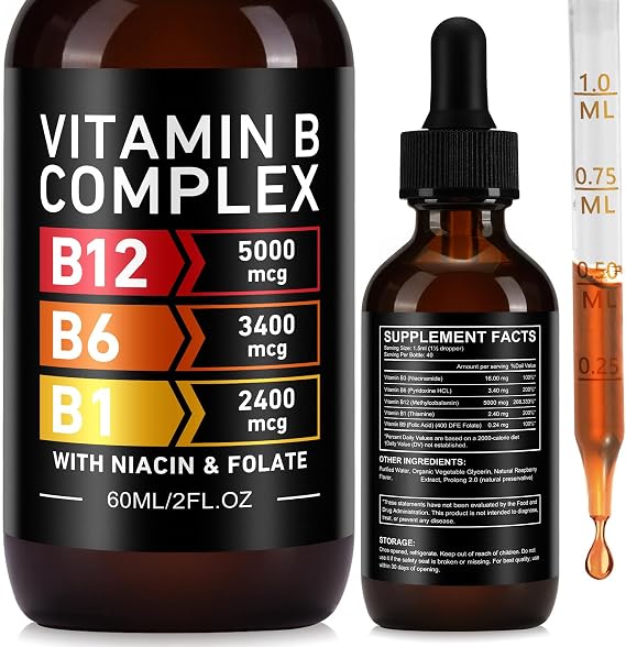 Vitamin B Complex Liquid Drops, 60ml High Strength B-Vitamin Complex Drops Vitamin B3 B6 B12 B1& Folate, Supports Immune System and Energy Levels, Brain Heart Function (60ML)