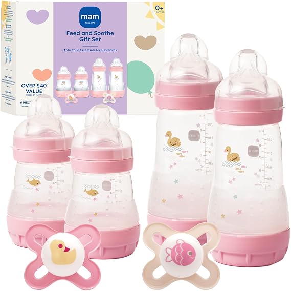 MAM Feed & Soothe Bottle & Pacifier Gift Set, Girl, 0+ Months, 6-Count by MAM