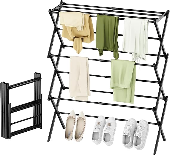 STARLATTA Foldable Drying Rack Clothing, 3-Tier Portable Clothes Drying Racks for Indoor & Outdoor, Anti-Rust Compact Laundry Rack Collapsible, Black 28" D x 10" W x 35" H