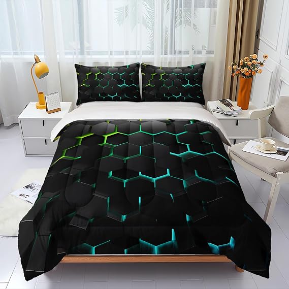 Geometric Green Black Neon Comforter Set,Light Honeycomb 3 Piece Bedding Set Queen for Teen Boys,Modern Bedding Quilt Set Geometry Decor,Microfiber Lightweight 1 Comforter 2 Pillowcases All Season