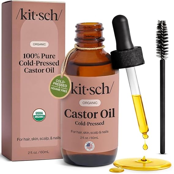 Kitsch 100% Pure Castor Oil Organic Cold Pressed - 2 oz | Unrefined Glass Bottle for Face, Skin, Lashes, Brows, Scalp, Nails & Belly Button Organic Castor Oil for Hair Growth